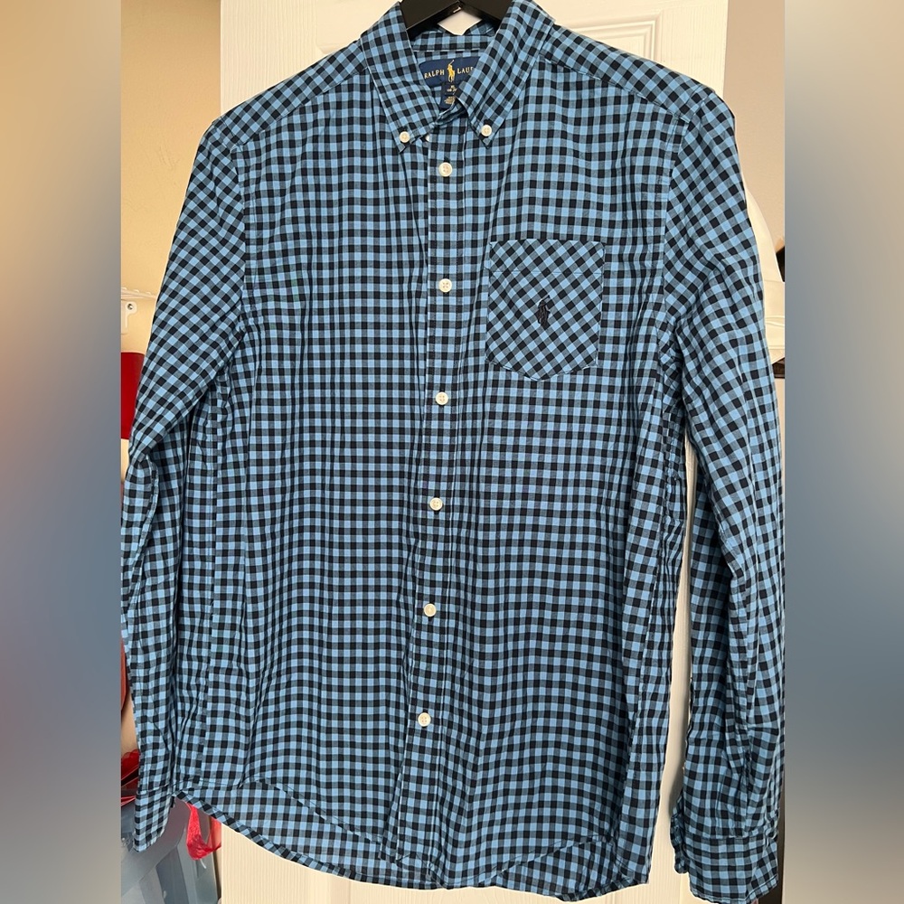 Polo Ralph Lauren Youth XL 18-20. Navy/ light  blue gingham Long-sleeve shirt.